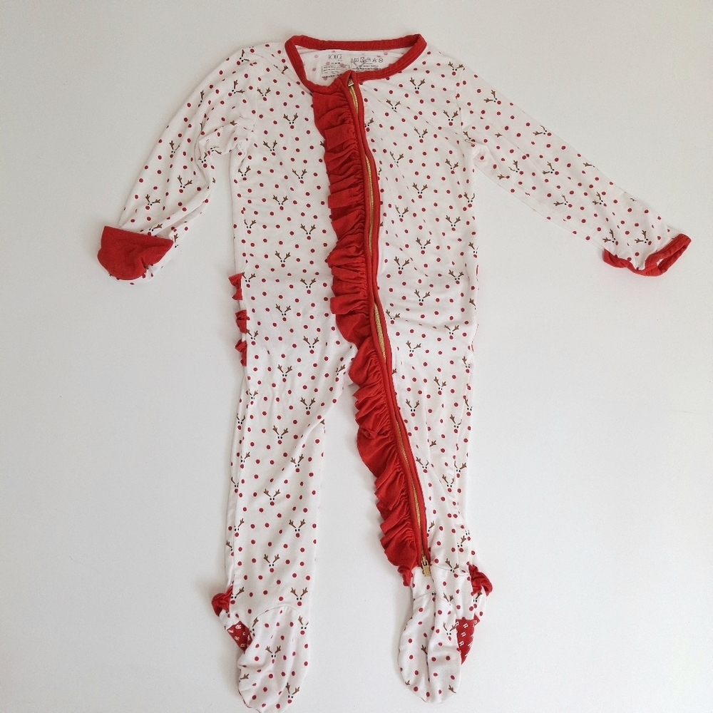 Christmas Reindeer Print Ruffled Bamboo Onesie By Rouge The Label